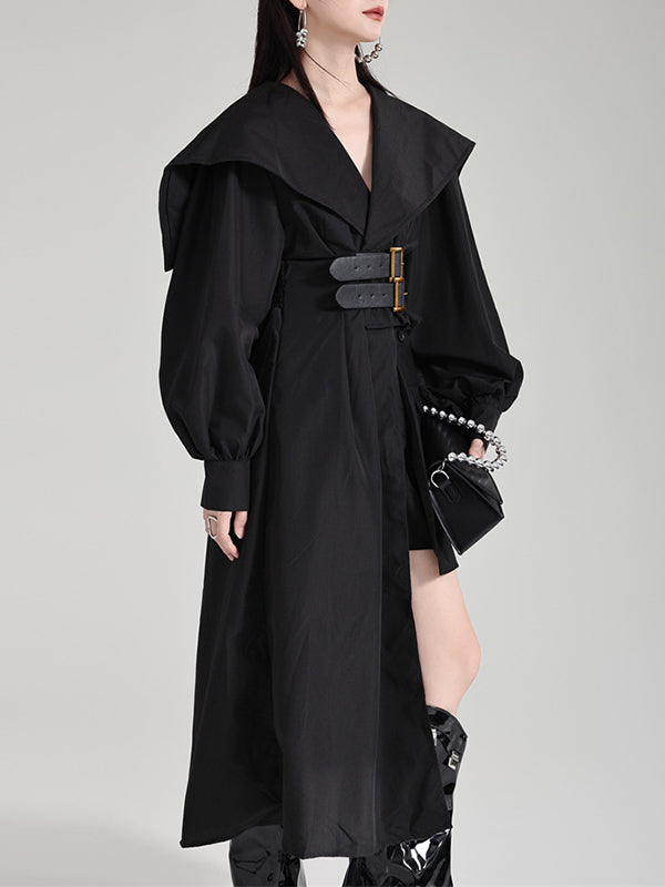 Asymmetric Belted Pleated Solid Color High Waisted Long Sleeves Lapel Midi Dresses