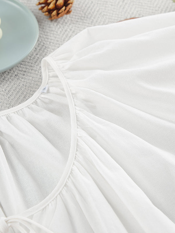 Lace-Up Pleated See-Through Solid Color Loose Puff Sleeves V-Neck Sleep Dress Mini Dresses