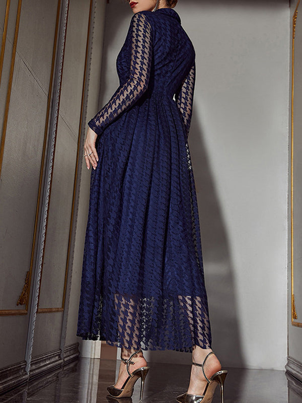 Buttoned Gauze See-Through Solid Color High Waisted Long Sleeves V-Neck Maxi Dresses
