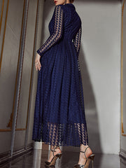 Buttoned Gauze See-Through Solid Color High Waisted Long Sleeves V-Neck Maxi Dresses
