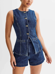 Denim 2 Piece Outfits Sleeveless Button Down Vest  High Waist Denim Shorts