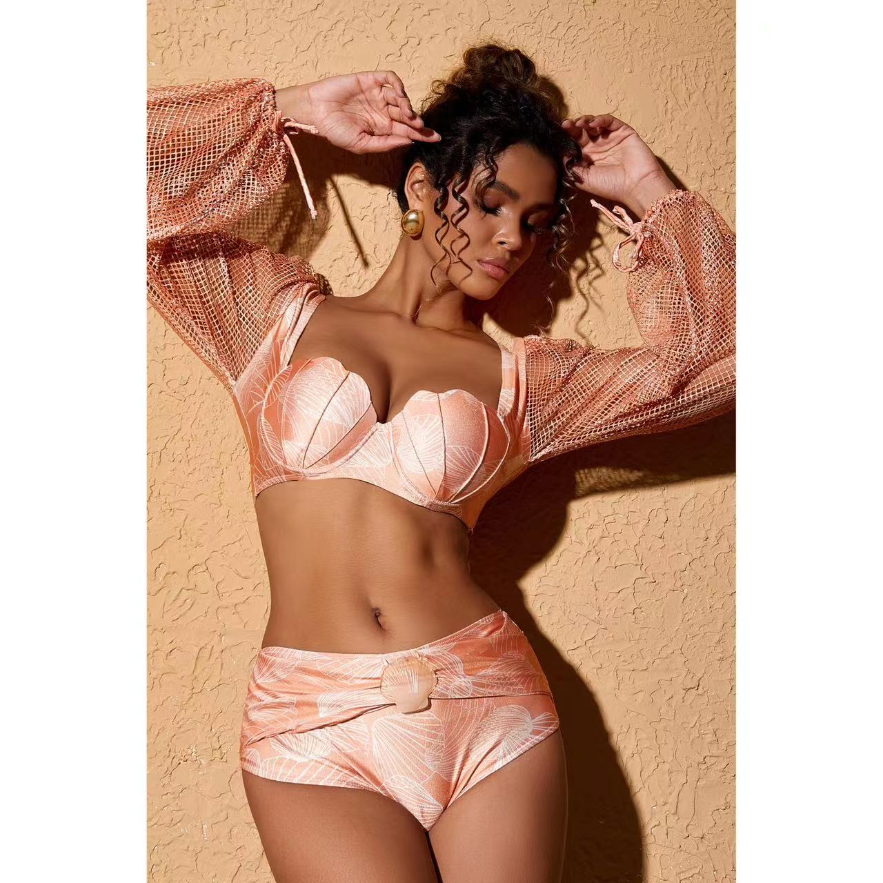 Long Sleeve Shell Print Bikini Swimsuit and Skirt Flaxmaker