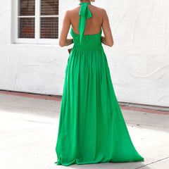 Halter Solid Color V Neck Maxi Dress