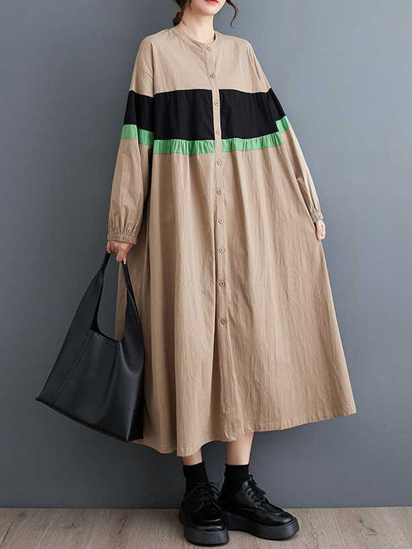 Buttoned Contrast Color Elasticity Split-Joint Long Sleeves Loose Round-neck Midi Dresses