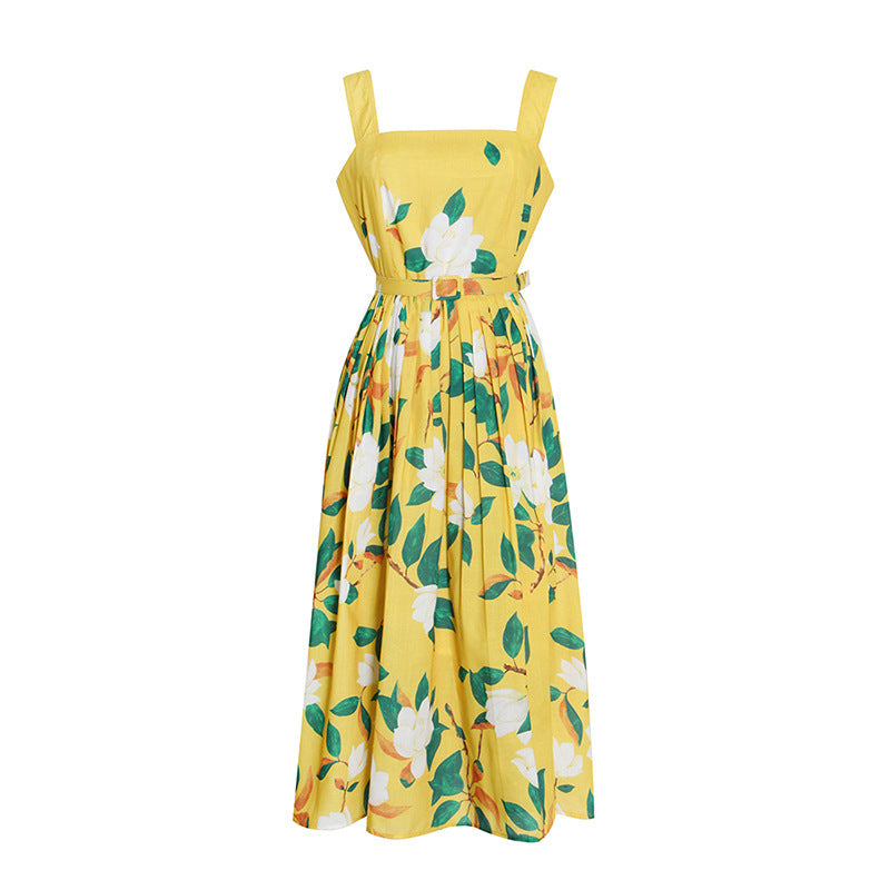 Yellow Printed Belt Slip Dress