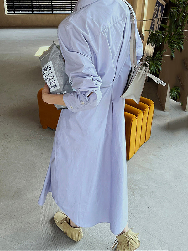 Asymmetric Solid Color Long Sleeves Loose Lapel Shirt Dress
