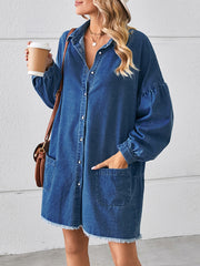 Buttoned Fringed Pleated Pockets Split-Joint Long Sleeves Loose Lapel Mini Dresses