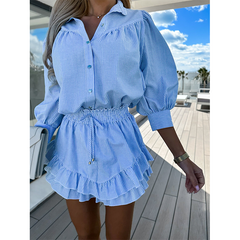 Blue Striped Shirt and Skirts Two Piece Set Flaxmaker