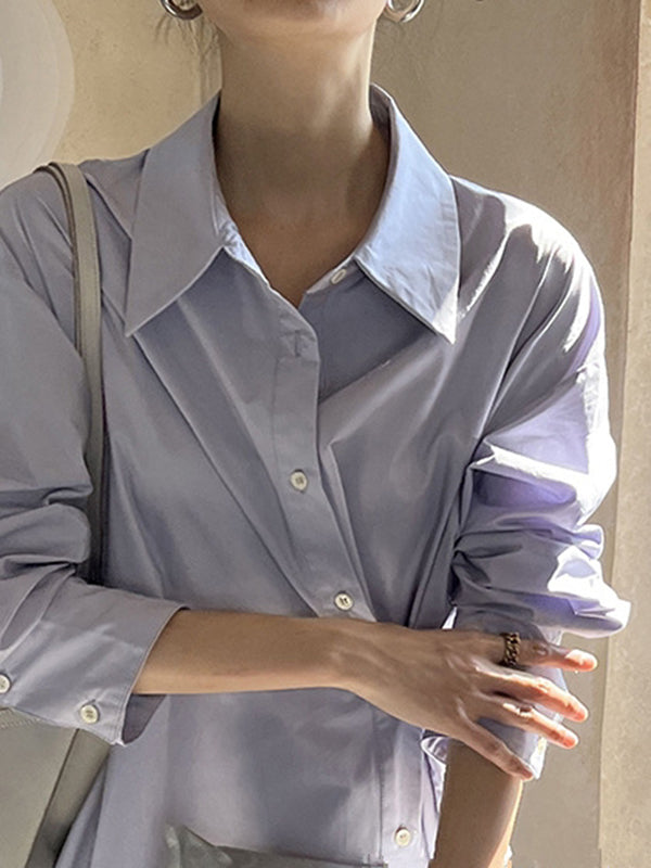 Asymmetric Solid Color Long Sleeves Loose Lapel Shirt Dress