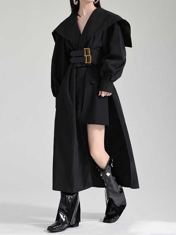 Asymmetric Belted Pleated Solid Color High Waisted Long Sleeves Lapel Midi Dresses