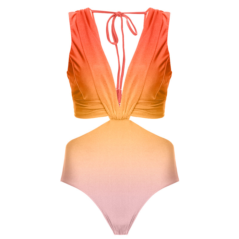 Flaxmaker Color Block Gradient Cutout One Piece Swimsuit and Cover Up