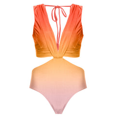 Flaxmaker Color Block Gradient Cutout One Piece Swimsuit and Cover Up