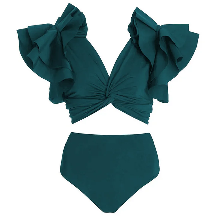 Ruffle Solid Black Bikini Swimsuit