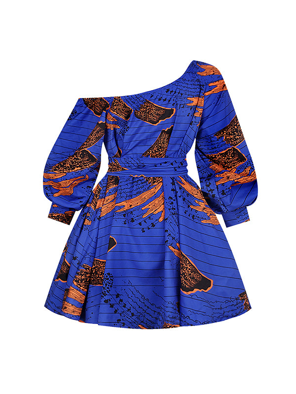 Elasticity Printed Tied Waist High Waisted Loose One-Shoulder Mini Dresses