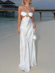 Solid Color Pleated Bandage Spaghetti-Neck Elegant Satin Maxi Dresses