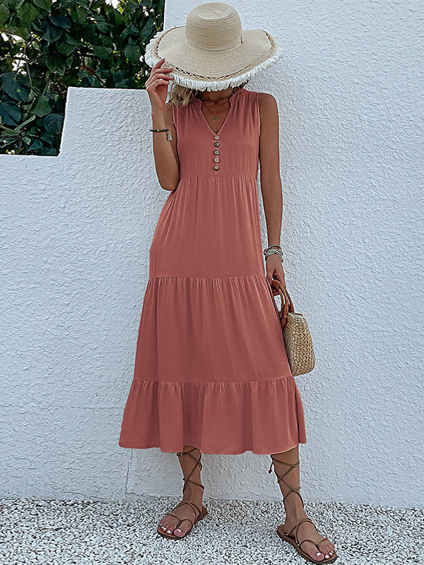 Pleated Split-Joint Loose Sleeveless V-Neck Midi Dresses