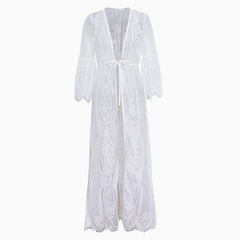 Eyelash Lace Half Sleeve Tie Front Maxi Cover Up - White