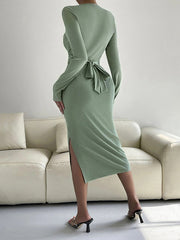 Knot Pleated Solid Color Split-side Tied Bodycon Long Sleeves Round-neck Midi Dresses