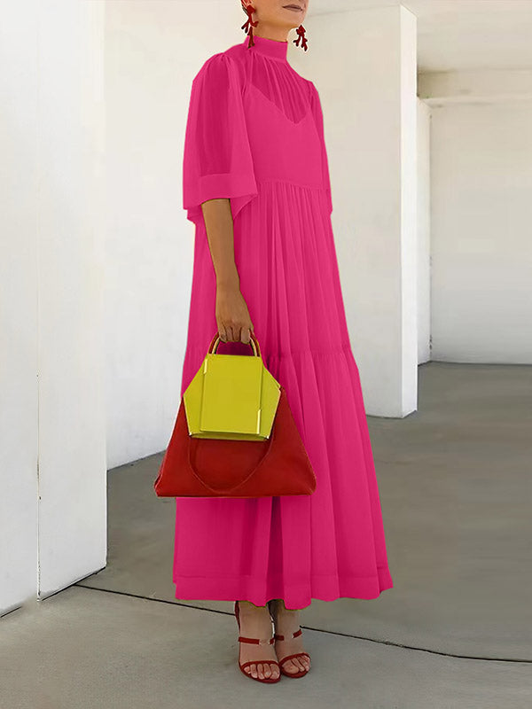Solid Color Loose Plus Size Split-Joint Inner Dress + Mock Neck Mesh Pleated Outer Dress Two Pieces Set