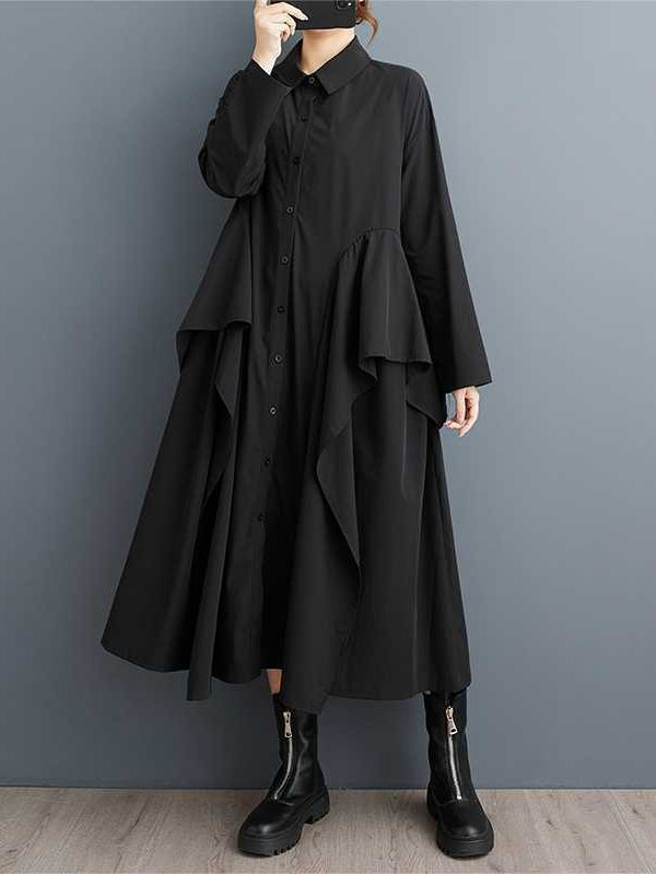 Buttoned Pockets Ruffle Trim Solid Color A-Line Long Sleeves Lapel Midi Dresses