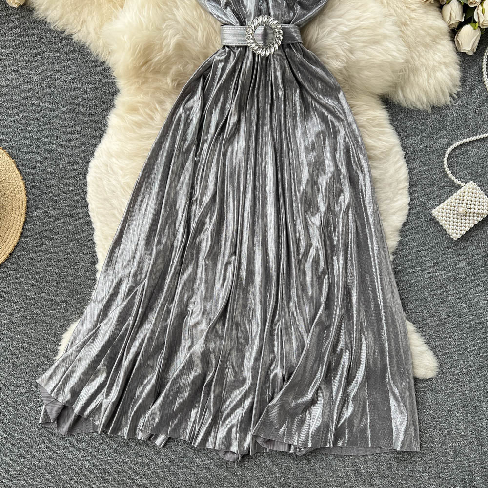 Flaxmaker Bandeau Backless Waist Shiny Party Dress