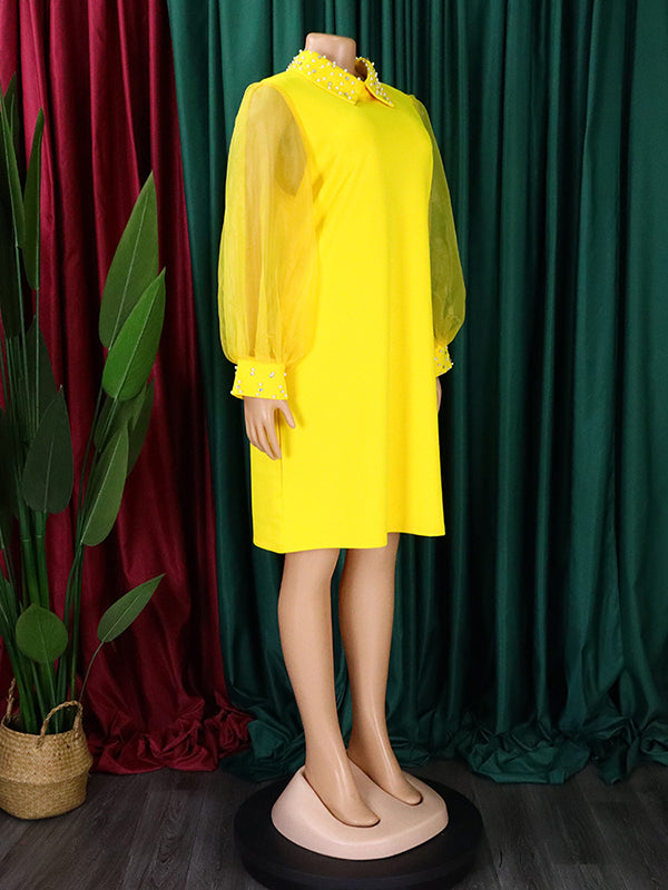 Beads Mesh Solid Color Split-Joint Puff Sleeves Round-neck Midi Dresses