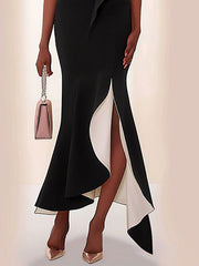Contrast Color Ruffle Trim Split-Joint Bodycon Sleeveless V-Neck Maxi Dresses