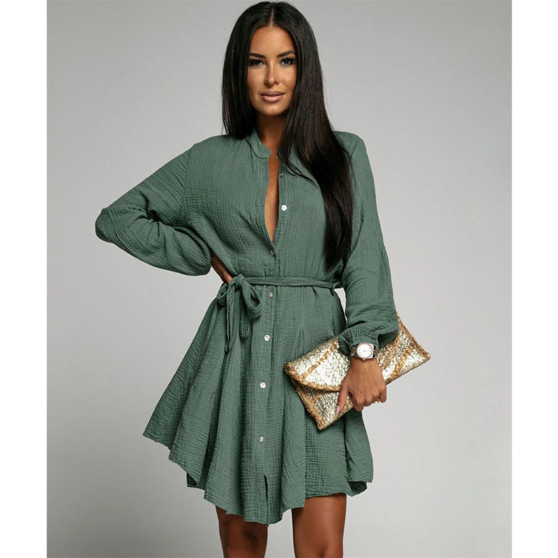 V Neck Long Sleeve Waist Lace Solid Color Mini Dress