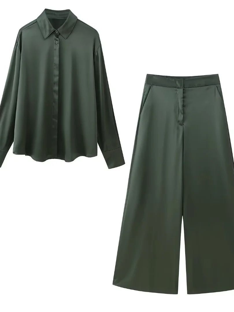 Solid Color Green Shirt and Pants Set
