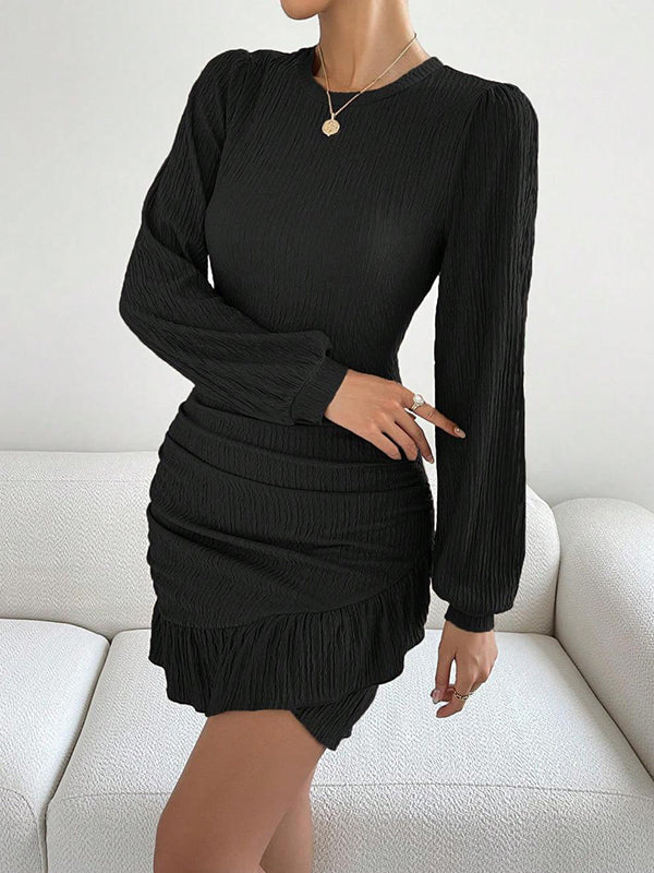 Pleated Ruffle Trim Solid Color Split-Joint Bodycon Long Sleeves Round-Neck Mini Dresses