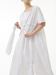 Solid Color Streamer Loose Short Sleeves Round-neck Midi Dresses
