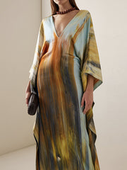 Printed Split-Joint Batwing Sleeves Loose V-Neck Maxi Dresses