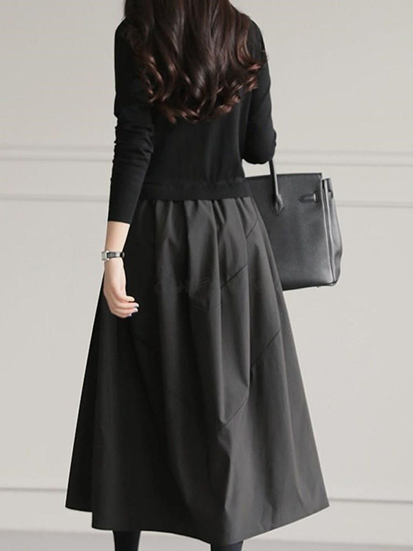 Pleated Split-Joint A-Line Long Sleeves Round-Neck Midi Dresses