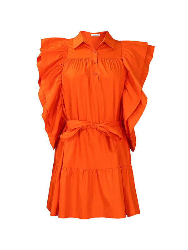 Buttoned Pleated Ruffled Solid Color Tied Waist A-Line High Waisted Lapel Mini Dresses