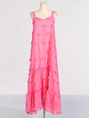 Layered Pleated Split-Joint Three-Dimensional Flower A-Line High Waisted Spaghetti-Neck Maxi Dresses
