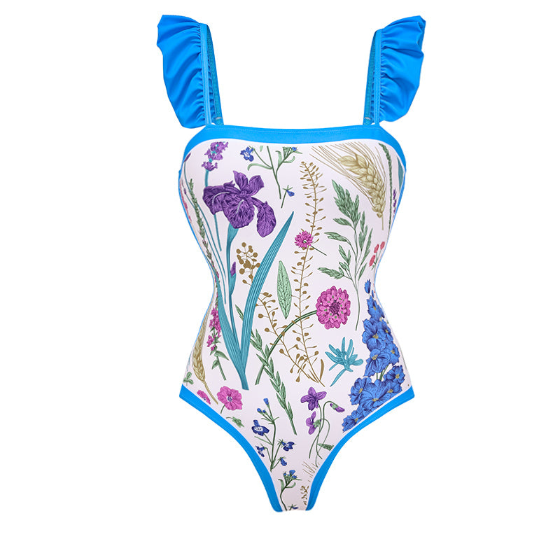 Ruffle Printed  One Piece Swimsuit and Sarong Flaxmaker