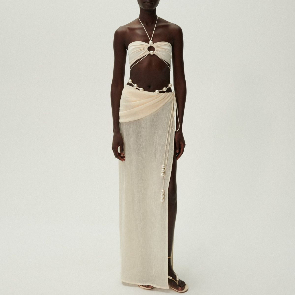 Halterneck Pearl Bandeau High Waist Bikini Swimsuit and Sarong (Shipped on Jan 13th)