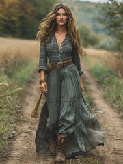 Plaid Splicing Long Sleeves Shirt Maxi Dresses