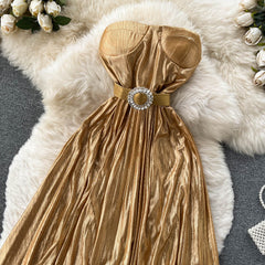 Flaxmaker Bandeau Backless Waist Shiny Party Dress