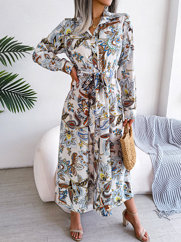 Buttoned Flower Print Tied Waist Long Sleeves Lapel Maxi Dresses