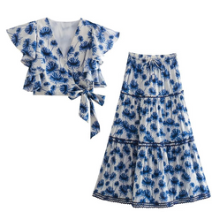 Flaxmaker Elegant Ruffle V Neck Jungle Printed Two Piece Set