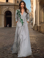 A-Line Loose Asymmetric Split-Joint Striped V-Neck Maxi Dresses Shirt Dress
