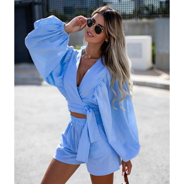V Neck Lace Up Solid Color Shorts Two Piece Set