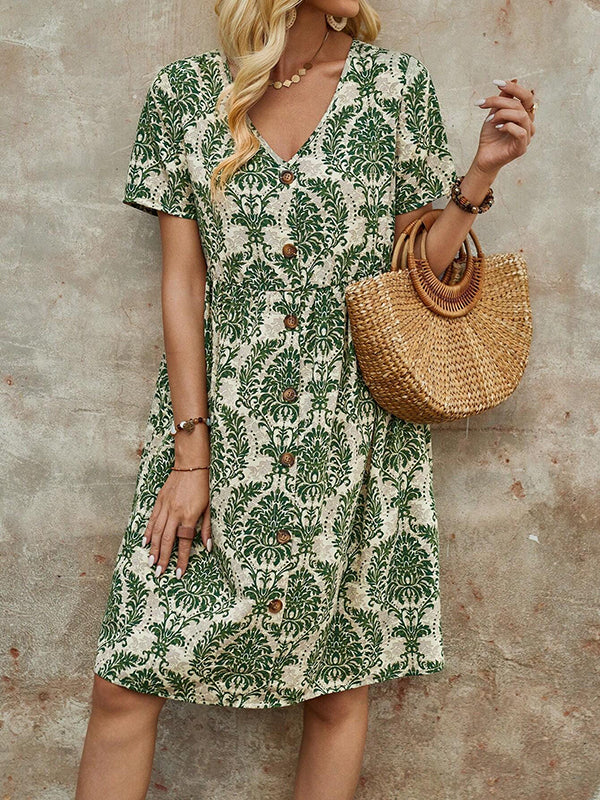 Buttoned Pleated Printed Split-Joint A-Line High Waisted V-Neck Mini Dresses