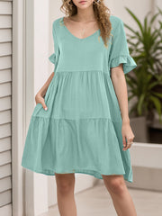 Pleated Pockets Ruffled Solid Color Split-Joint A-Line Flared Sleeves Round-Neck Mini Dresses