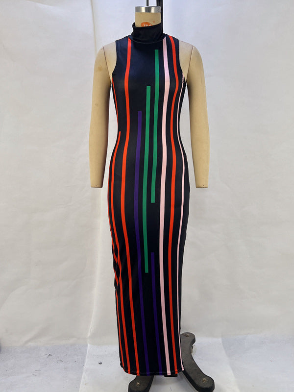 Contrast Color Printed Bodycon High Waisted High Neck Midi Dresses