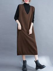 Vintage Solid Color Knitting V-Neck Sleeveless Sweater Dress