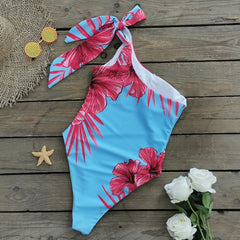 One Shoulder Bowknot Printed One Piece Swimsuit Flaxmaker