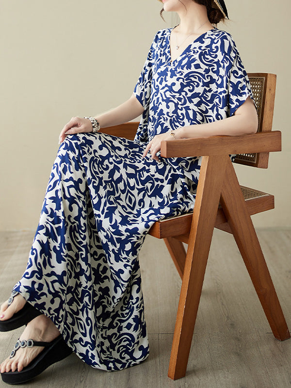Floral Printed Batwing Sleeves Loose V-Neck Maxi Dresses