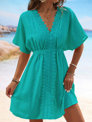 Elasticity See-Through Split-Joint Batwing Sleeves Loose V-Neck Mini Dresses